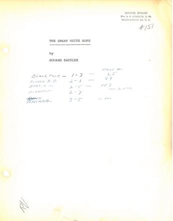 Marked up cover of a script from 1967 production at Arena, (Credit: Arena Stage Records, C0017, Special Collections Research Center, George Mason University Libraries.)