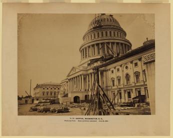 Capitol, Washington, D.C., north-east view. Dome and front unfinished, June 28, 1863. The U.S. Capitol, seen in 1863