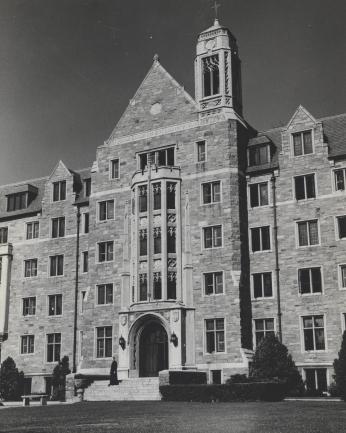 Exterior view of Copley Hall, the first dorm on campus to become coed.