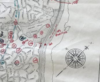 Eleanor Lee Templeman's annotated map of Arlington County. The Little Italy quarry is listed in red by the number 143. (Image obtained from Eleanor Templeman Local History Collection, C0160, Special Collections Research Center, George Mason University Libraries)
