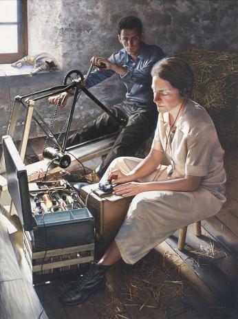 A painting of Virginia Hall in 1944 France. She is operating a rudimentary radio, powered by another member of the resistance on a modified bicycle. The painting hangs at the CIA.