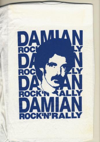 Print of Damian Einstein's face with the words Damian Rock 'N Rally. (Photo source: provided by Richard Bangham)  