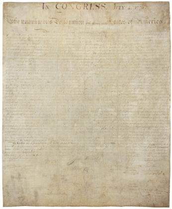 A high-resolution scan of the Declaration of Independence, showing the extremely faded ink and mysterious handprint on the bottom left corner (Source: National Archives) A high-resolution scan of the Declaration of Independence, showing the extremely faded ink and mysterious handprint on the bottom left corner (Source: National Archives)
