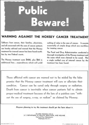 In 1957, the FDA put up a warning poster in 46,000 post offices about Hoxsey's dubious cancer cure. Credit: Wikimedia Commons