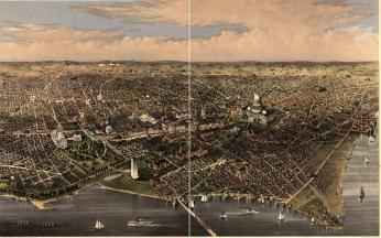 1880 birds-eye view of Washington, D.C., featuring Babcock Lakes. (Source: Library of Congress.) A birds-eye view of D.C., with Babcock Lakes shown next to the Washington Monument (Source: Library of Congress.)