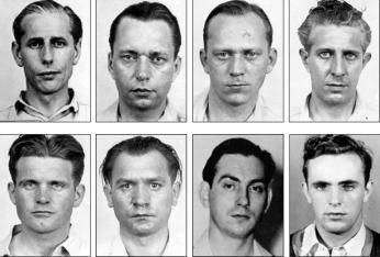 The eight Nazi spies: George John Dasch, Ernest Peter Burger, Heinrich Harm Heinck, Richard Quirin, John Kerling, Werner Thiel, Herbert Hans Haupt, and Herman Otto Neubauer. (Photo source: FBI)