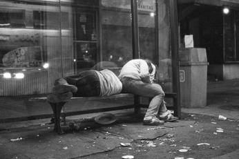 Homeless people sleeping at a bus stop, 14th and P St., NW, 1986. (Photo courtesy of Michael Horsley) Homeless people sleeping at a bus stop, 14th and P St., NW, 1986. (Photo courtesy of Michael Horsley)