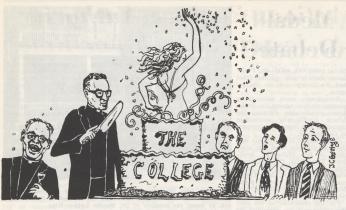 Cartoon from Georgetown student publication The Hoya, picturing a woman jumping out of a cake labelled "The College" to the surprise of several male faculty and students.