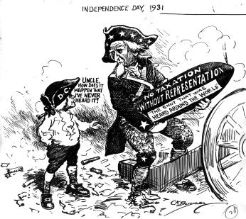 A political cartoon by Clifford Berryman, showing Uncle Sam and Mr. DC on Independence Day