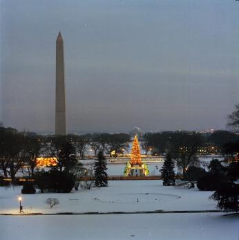 View of the Washington Monument and Jefferson Memorial from the White House, covered in snow
