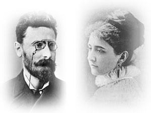 Portrait images of Joseph Pulitzer, left, and Kate Davis, right.