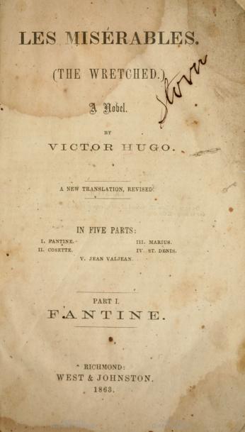 Cover page from West & Johnston translation of Les Miserables, which was distributed to Confederate soldiers during the Civil War. (Source: Hathi Trust)