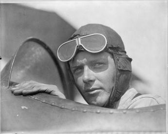 Charles Lindbergh, wearing helmet with goggles up, in open cockpit of airplane at Lambert Field, St. Louis, Missouri, 1923. (Source: Library of Congress) Charles Lindbergh, wearing helmet with goggles up, in open cockpit of airplane at Lambert Field, St. Louis, Missouri, 1923. (Source: Library of Congress)