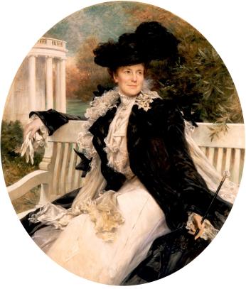 Official portrait of First Lady Edith Roosevelt, painted by Théobald Chartran in 1902. Mrs. Roosevelt sits gracefully upon a bench in the White House grounds.
