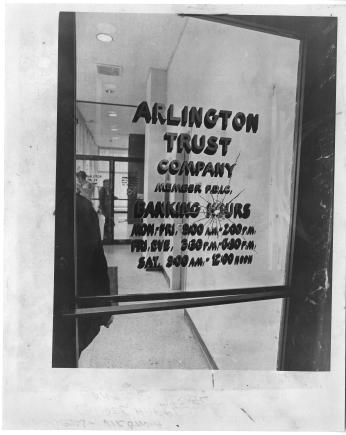 Bullet hole in the door of Arlington Trust Company bank in Crystal City, where the Tuller's crime spree began in 1972. (Reprinted with permission of DC Public Library, Star Collection © Washington Post) Bullet hole in the door of Arlington Trust Company bank in Crystal City, where the Tuller's crime spree began in 1972. (Reprinted with permission of DC Public Library, Star Collection © Washington Post)