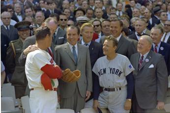 Ted Williams chats with President Nixon and New York Yankees manager Ralph Hauk on Opening Day, April 6, 1969. (Source: Richard Nixon Presidential Library via Wikimedia Commons) 