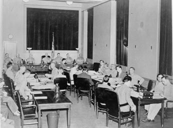 The Nazi Saboteur trial taking place in a converted Department of Justice room, 1942. (Photo source: Library of Congress) The Nazi Saboteur trial taking place in a converted Department of Justice room, 1942. (Photo source: Library of Congress)