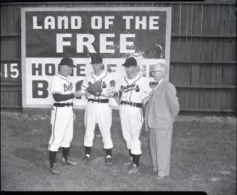 Three members of the all-white Hagerstown Braves at Municipal Stadium, 1952. (Credit: Washington County Free Library/Western Maryland Room)