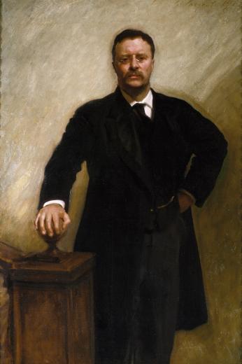 Official presidential portrait of Theodore Roosevelt, painted by John Singer Sargent in 1903. Roosevelt stands proudly upon the landing of a staircase.