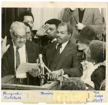 Mayor Marion Barry being sworn in at his inauguration. (Photo Source: Washington Evening Star. Used with permission from the DC Public Library Washingtoniana Special Collection)