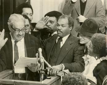 Mayor Marion Barry being sworn in at his inauguration. (Photo Source: Washington Evening Star. Used with permission from the DC Public Library Washingtoniana Special Collection) Mayor Marion Barry being sworn in at his inauguration. (Photo Source: Washington Evening Star. Used with permission from the DC Public Library Washingtoniana Special Collection)