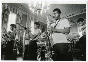 Students participating in the Summer Jobs Program by preforming in the jazz band. (Photo Source: Washington Evening Star. Used with permission from the DC Public Library Washingtoniana Special Collection). Students participating in the Summer Jobs Program by preforming in the jazz band. (Photo Source: Washington Evening Star. Used with permission from the DC Public Library Washingtoniana Special Collection).