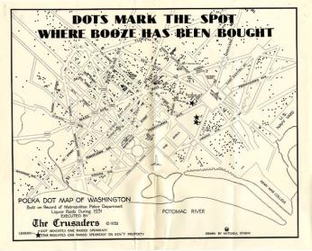 The Crusaders map and report regarding Prohibition sent to Senator Wesley Jones, 1932 A map marking locations in Washington, D.C. where alcohol had been found during liquor raids in 1931.