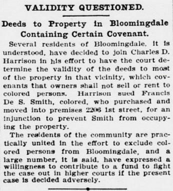 Evening Star article on efforts to contest Bloomingdale covenants in 1907