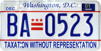 A Washington, D.C. license plate from 2000, showing the new motto "Taxation Without Representation"