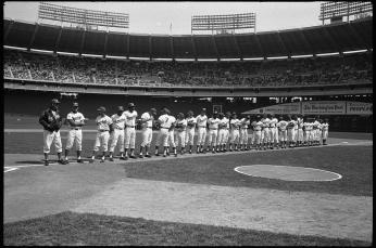 Washington Senators team stands on first baseline at RFK Stadium, April 5, 1971. (Photo by Marion S. Trikosko, U.S. News & World Report Magazine Photograph Collection at the Library of Congress)