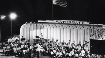 The NSO plays on their floating barge at the Watergate Amphitheatre. Photo Source: Washington Evening Star. Used with Permission by the DC Public Library