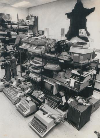 Goods purchased during Operation Sting, including typewriters and a bearskin rug