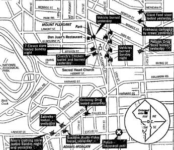 Map showing some of the major incidents of the Mount Pleasant riots as of May 7, 1991. (Source: Washington Post)