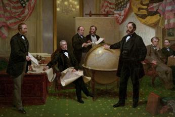"Signing of the Alaska Treaty" by Emanuel Leutze, 1867. "Signing of the Alaska Treaty," a famous painting by Emanuel Leutze, depicts Seward and Stoeckl negotiating the Alaska purchase in the State Department on March 30, 1867.