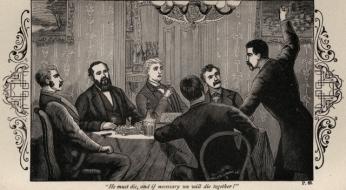 Cipriano Ferrandini addresses other members of the Baltimore plot. Image orginally printed in From The Spy of the Rebellion, by Allan Pinkerton, 1883. (Source: Maryland State Archives)