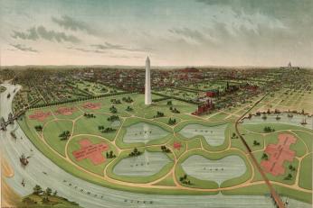 A view of the National Mall in 1892. (Source: Library of Congress.) A birds-eye view of the National Mall in 1892, with the carp ponds situated closer to the Potomac. (Source: Library of Congress.)