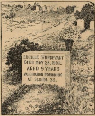 Image of a gravestone of someone who allegedly died of vaccine poisoning at school (Source: Thomas Boudren, An Open Letter to the Governor and Members of the General Assembly of Connecticut, Bridgeport, Connecticut: Press of the Farmer Pub., Co., 1911)