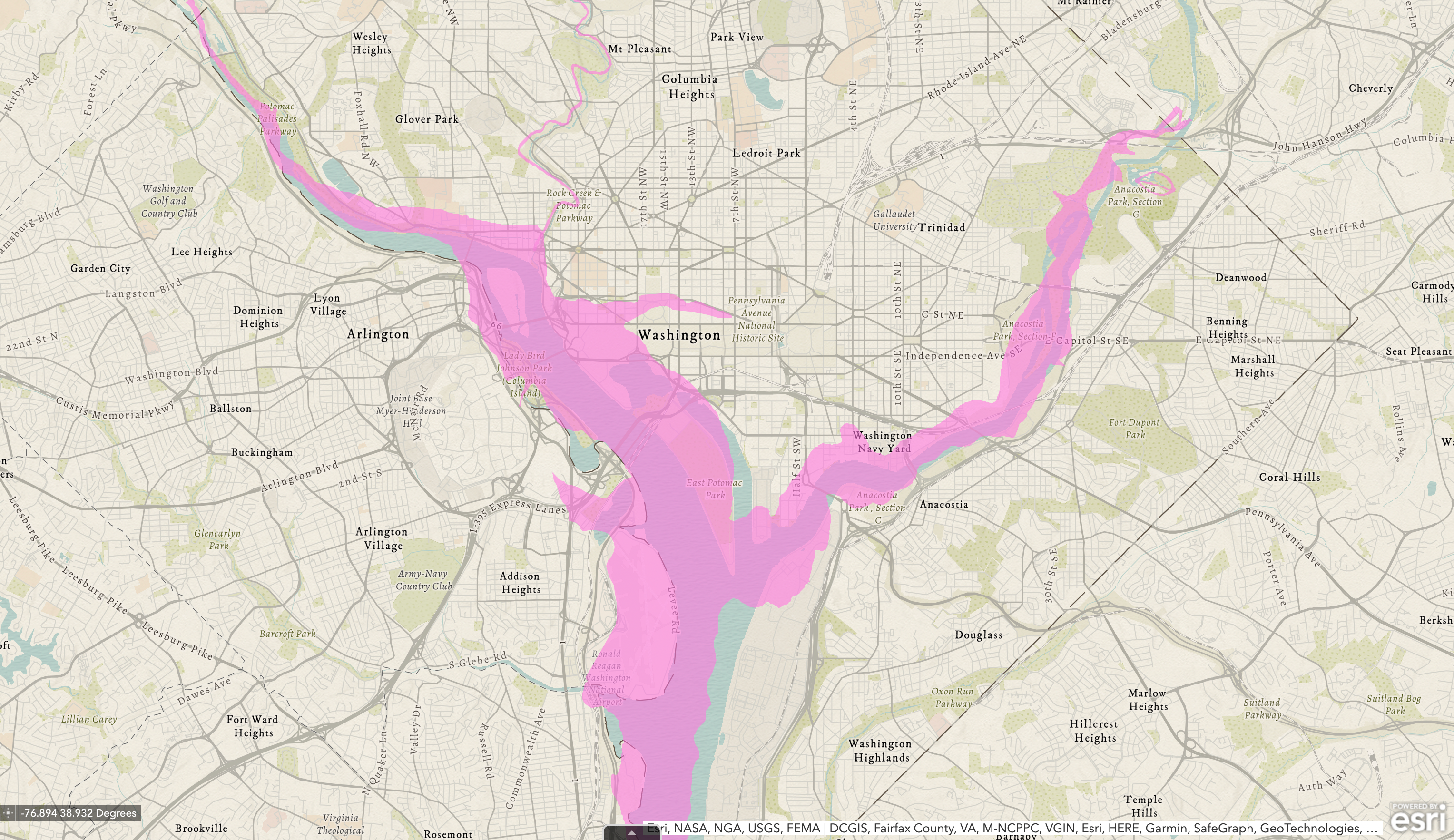 Andrew Ellicott's 1793 Map overlaid a present day map of D.C. and Virginia. (Source: The District's Historical Streams, D.C. Department of Energy and Environment)