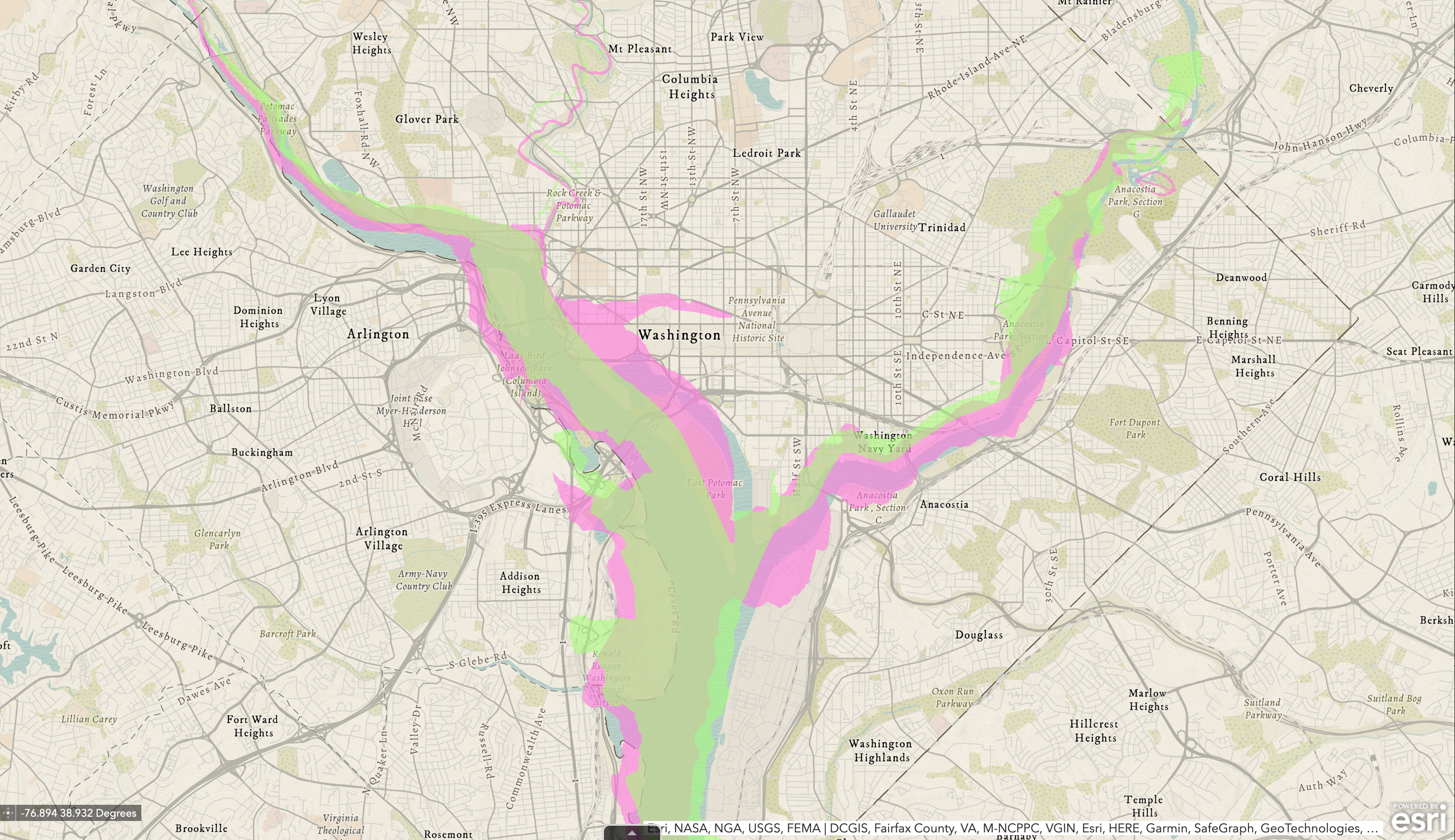 Map with pink overlay showing Potomac River as mapped by Andrew Ellicott in 1793 and a green overlay showing the river as mapped by the USGS in 1917. (Source: The District's Historical Streams, D.C. Department of Energy and Environment)