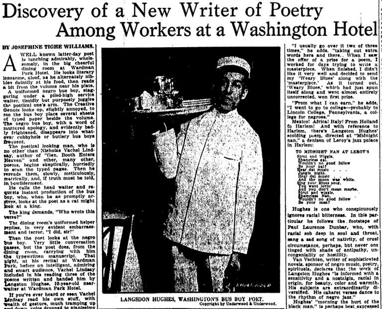 A newspaper article with a headline that reads "Discovery of a New Writer of Poetry Among Workers at a Washington Hotel" and a grainy black-and-white photo of Hughes in a white waiter's uniform holding a tray of food.