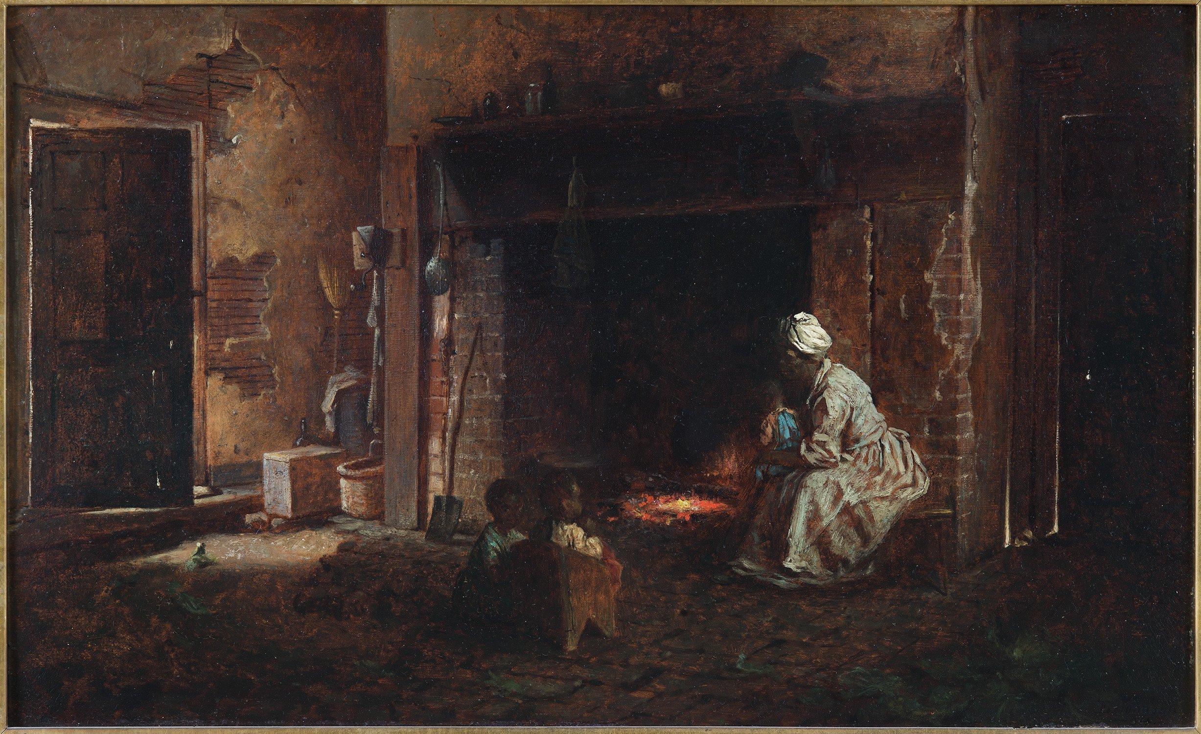 1864 painting of a woman crouching before a hearth in a dark kitchen. Source: Encyclopedia Virginia