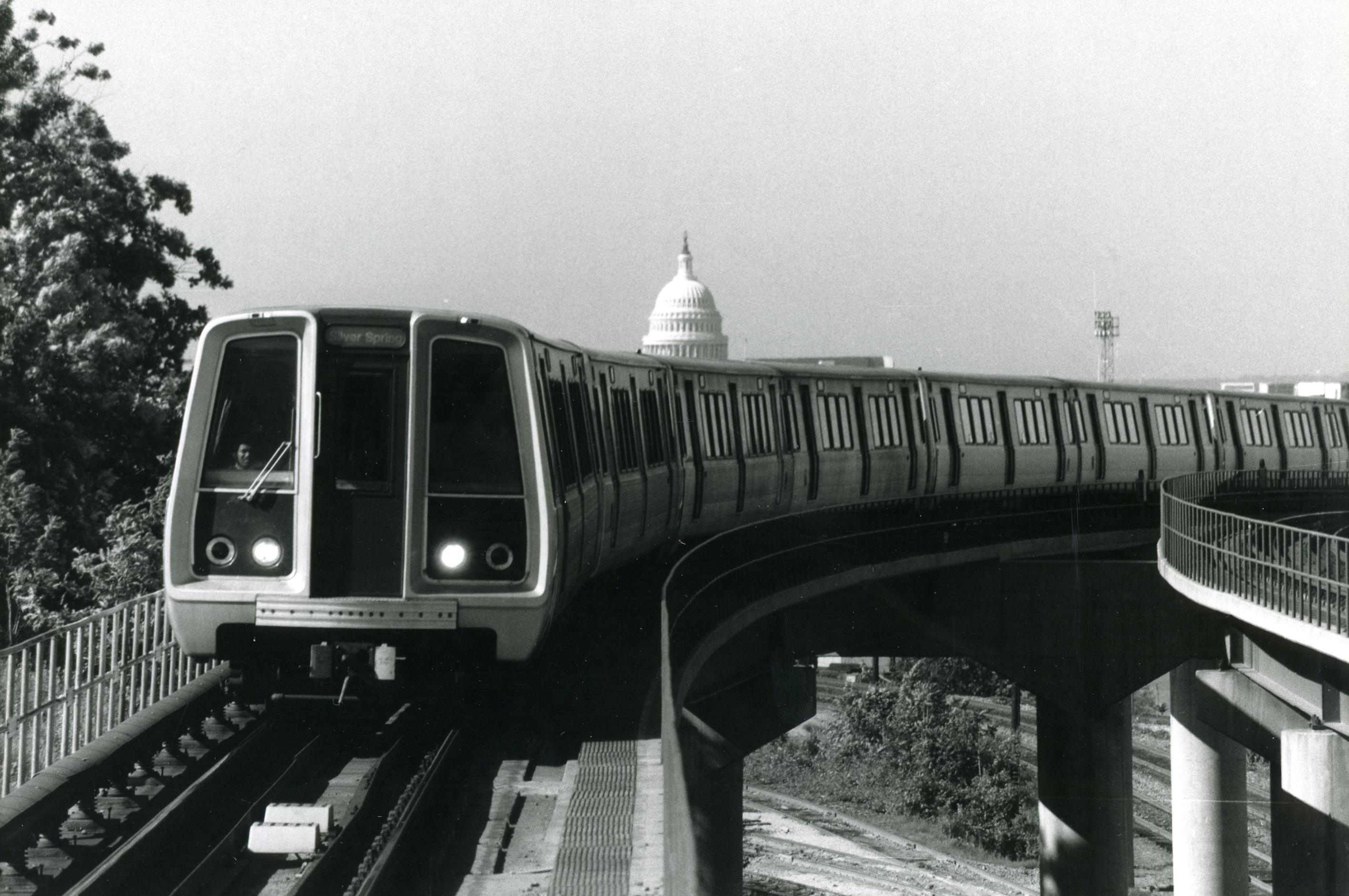 Metro Red Line train entering Rhode Island Avenue Station on May 17, 1979. (Credit: Phil Portlock, Metro Photograph Collection, DC Public Library)