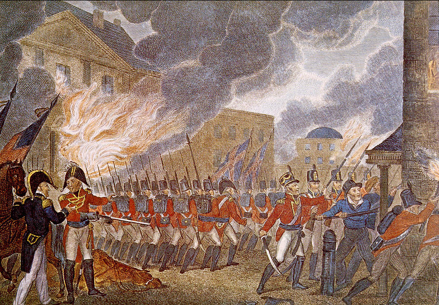 Early 19th century painting of British troops marching through Washington DC with buildings on fire.