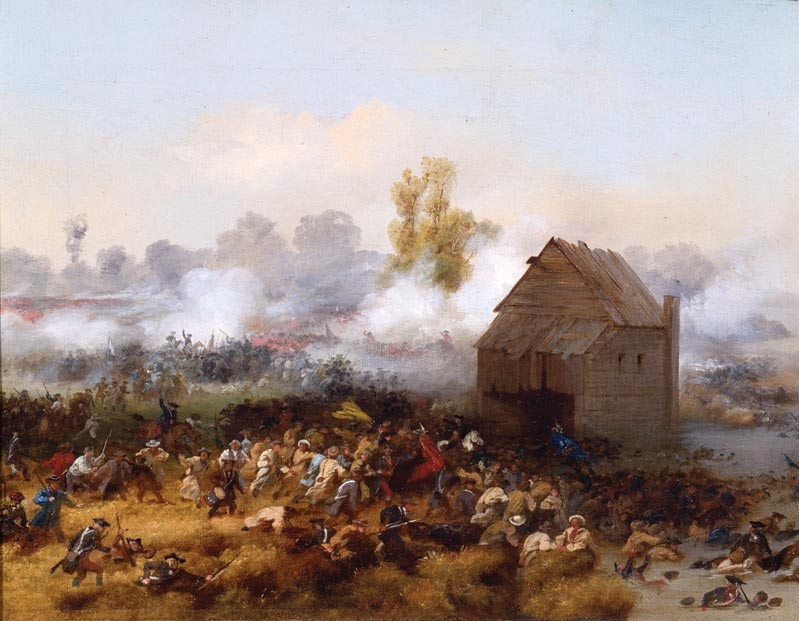 Wide view painting of soldiers fighting during the American Revolution. There is a wooden house in the foreground and smoke in the background.