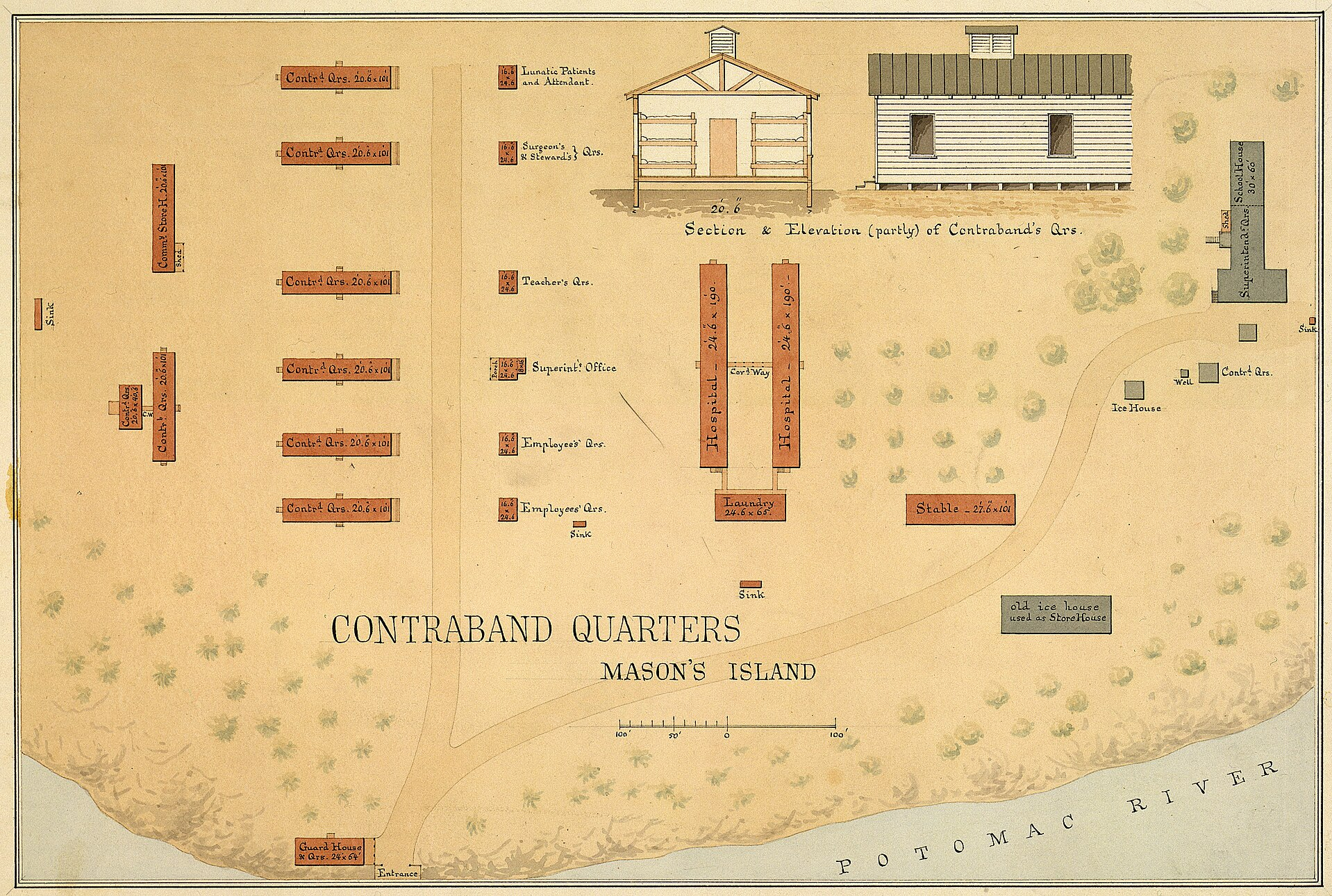 Map showing designed of Freedman's Quarters at Camp Greene during Civil War.