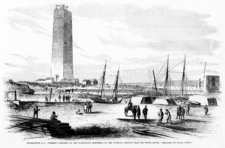 Drawing of men playing baseball in front of the half built Washington Monument.