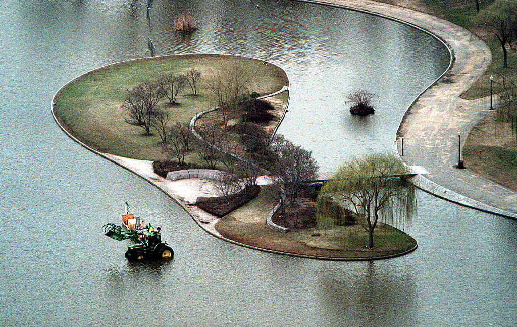 Dwight W. Watson staged a one-man protest when he parked his tractor in the pond in Constitution Gardens from March 17-19, 2003.