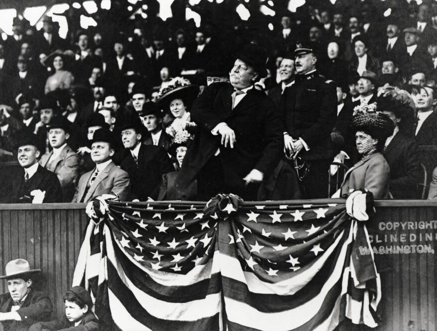 President Taft throws the first pitch, opening day at American League Park, Washington, D.C., 1910.