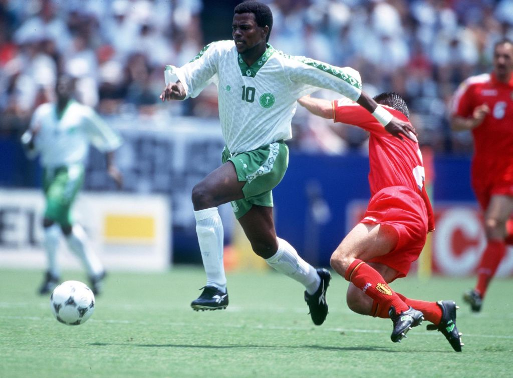 Saudi Arabia's Saeed Owairan is challenged by a Belgian at the 1994 World Cup in RFK Stadium, Washington, D.C. (Photo by Bob Thomas Sports Photography via Getty Images)