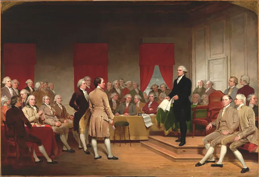 Painting of 1787 Constitutional Convention depicting delegates in Philadelphia.